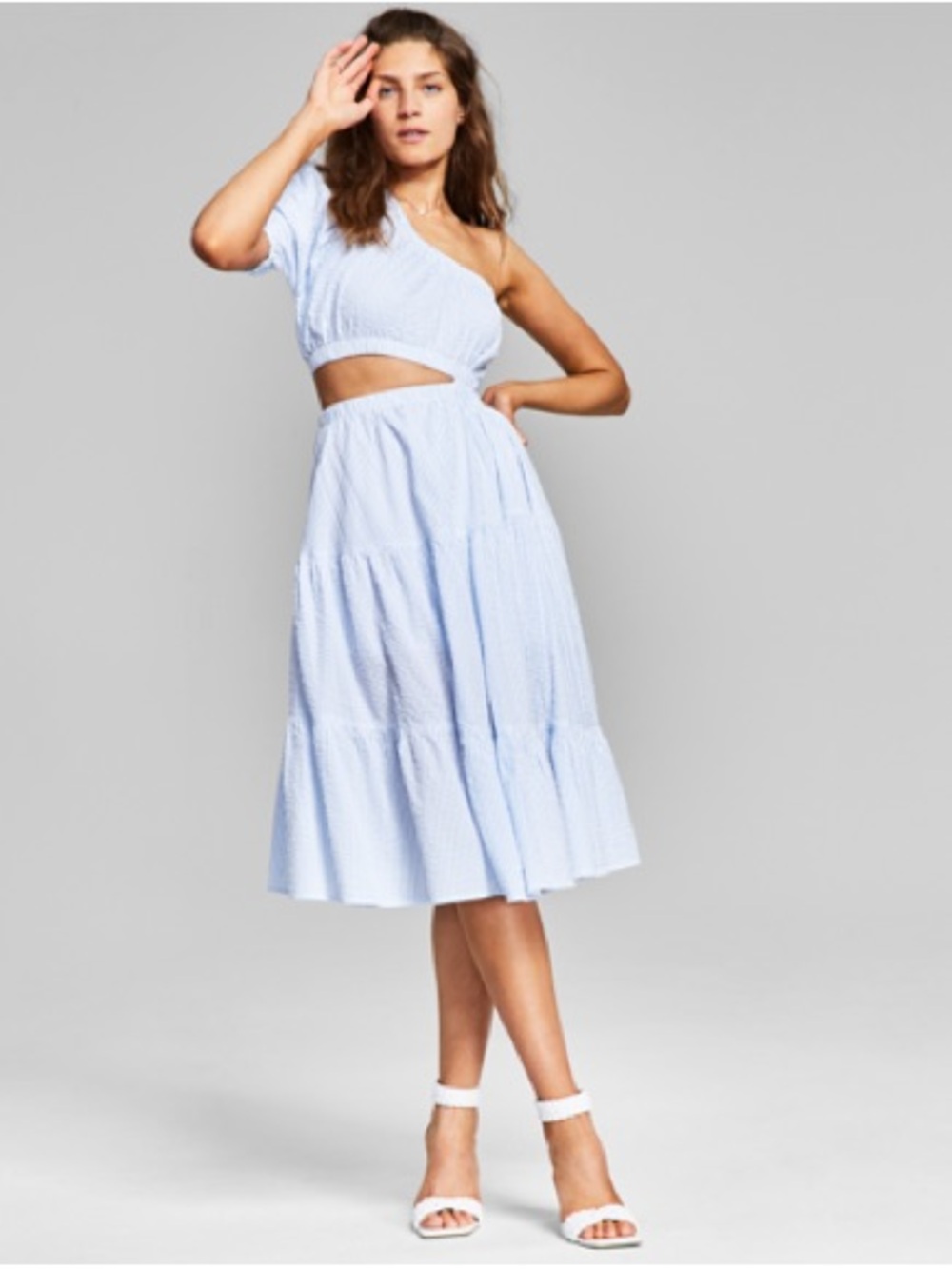 And Now This One-Shoulder Cutout Tiered Midi Dress